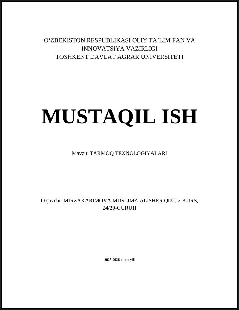 Tarmoq Arxitekturasi va OSI Modeli