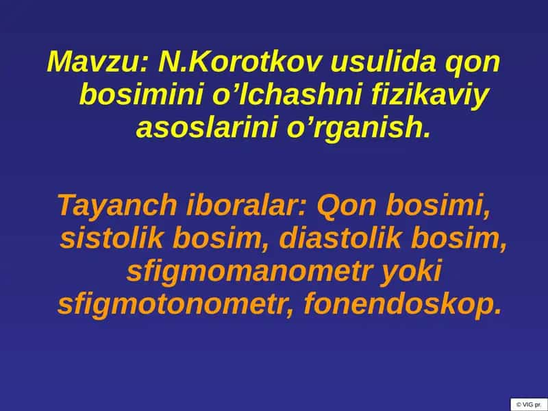 N.Korotkov usulida qon bosimini o’lchashni fizikaviy asoslarini o’rganish.