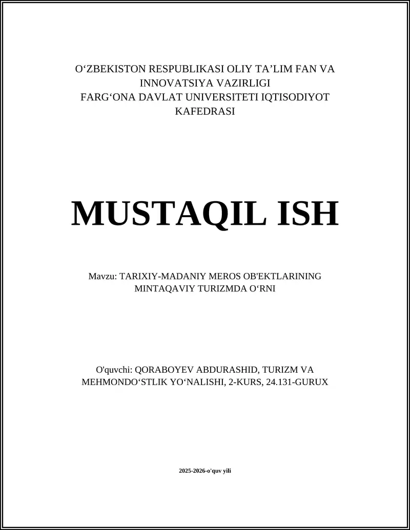 TARIXIY-MADANIY MEROS OB'EKTLARINING MINTAQAVIY TURIZM