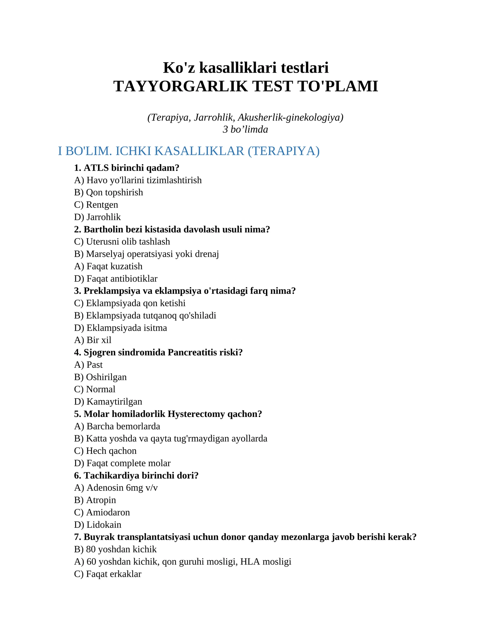 Ko'z kasalliklari testlari