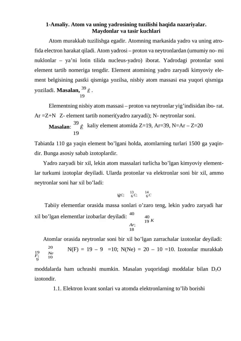 Atom va uning yadrosining tuzilishi