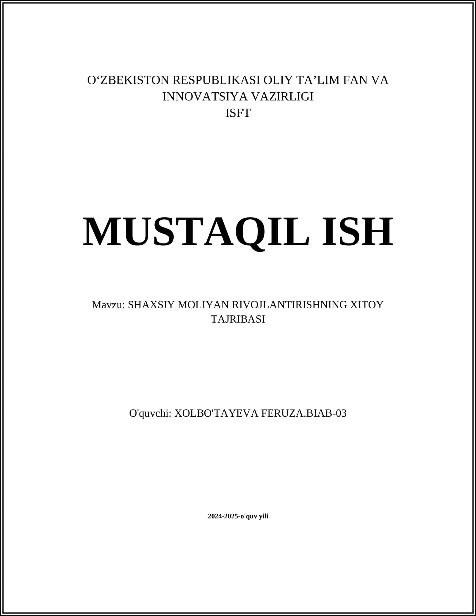 SHAXSIY MOLIYAN RIVOJLANTIRISHNING XITOY TAJRIBASI