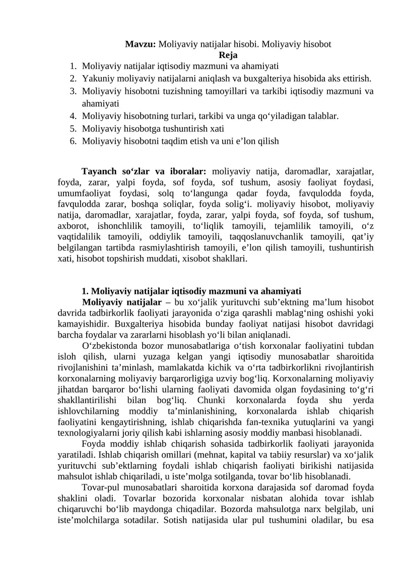 Moliyaviy natijalar hisobi. Moliyaviy hisobot