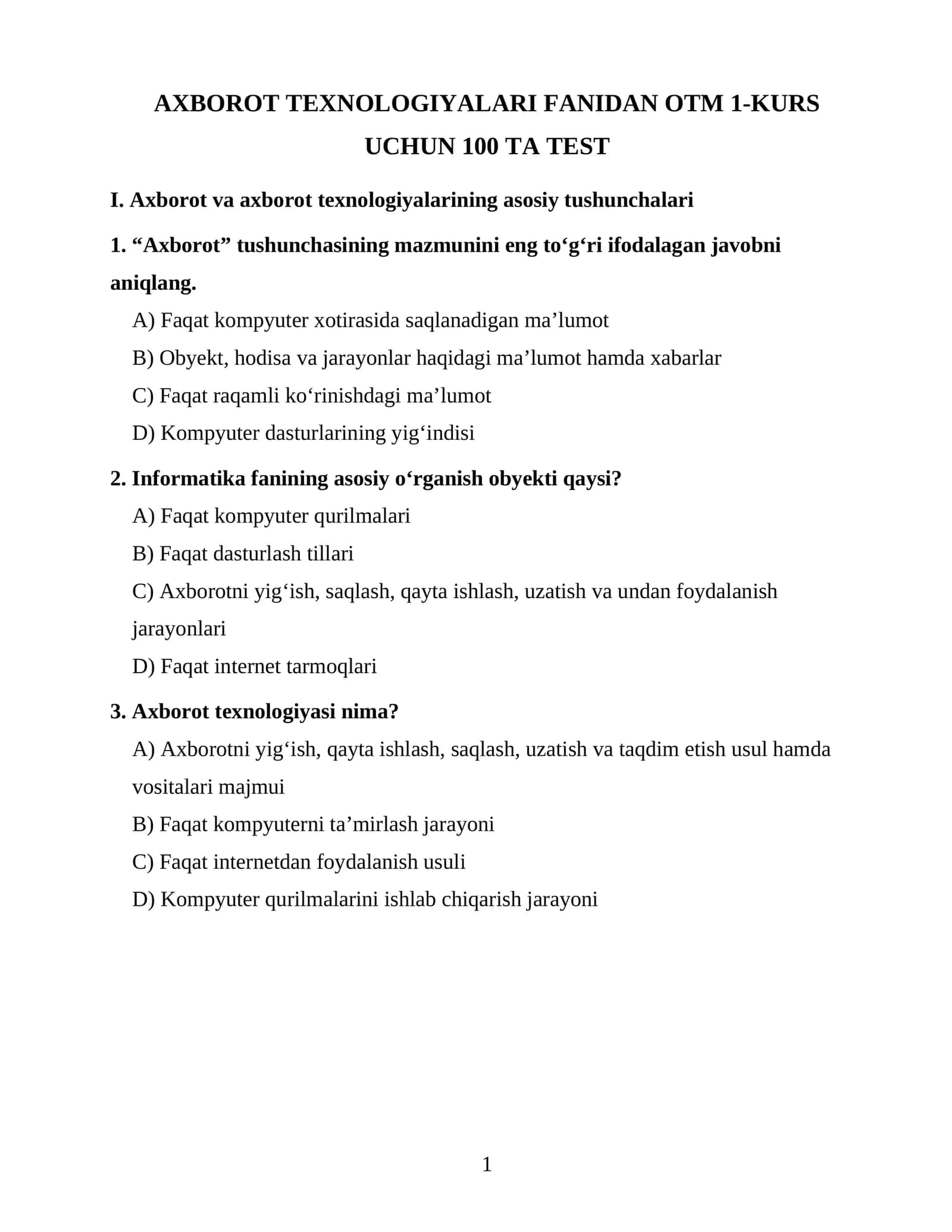 AXBOROT TEXNOLOGIYALARI FANIDAN OTM 1-KURS UCHUN 100 TA TEST