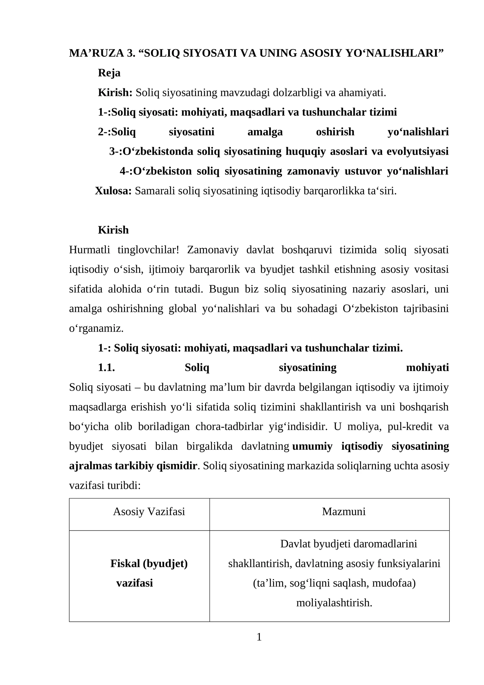 SOLIQ SIYOSATI VA UNING ASOSIY YO‘NALISHLARI
