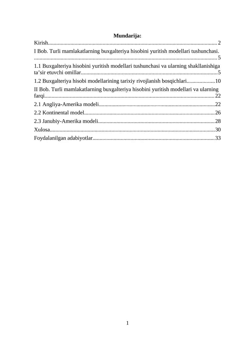 Turli mamlakatlarning buxgalteriya hisobini yuritish modellari tushunchasi  KURS ISHI