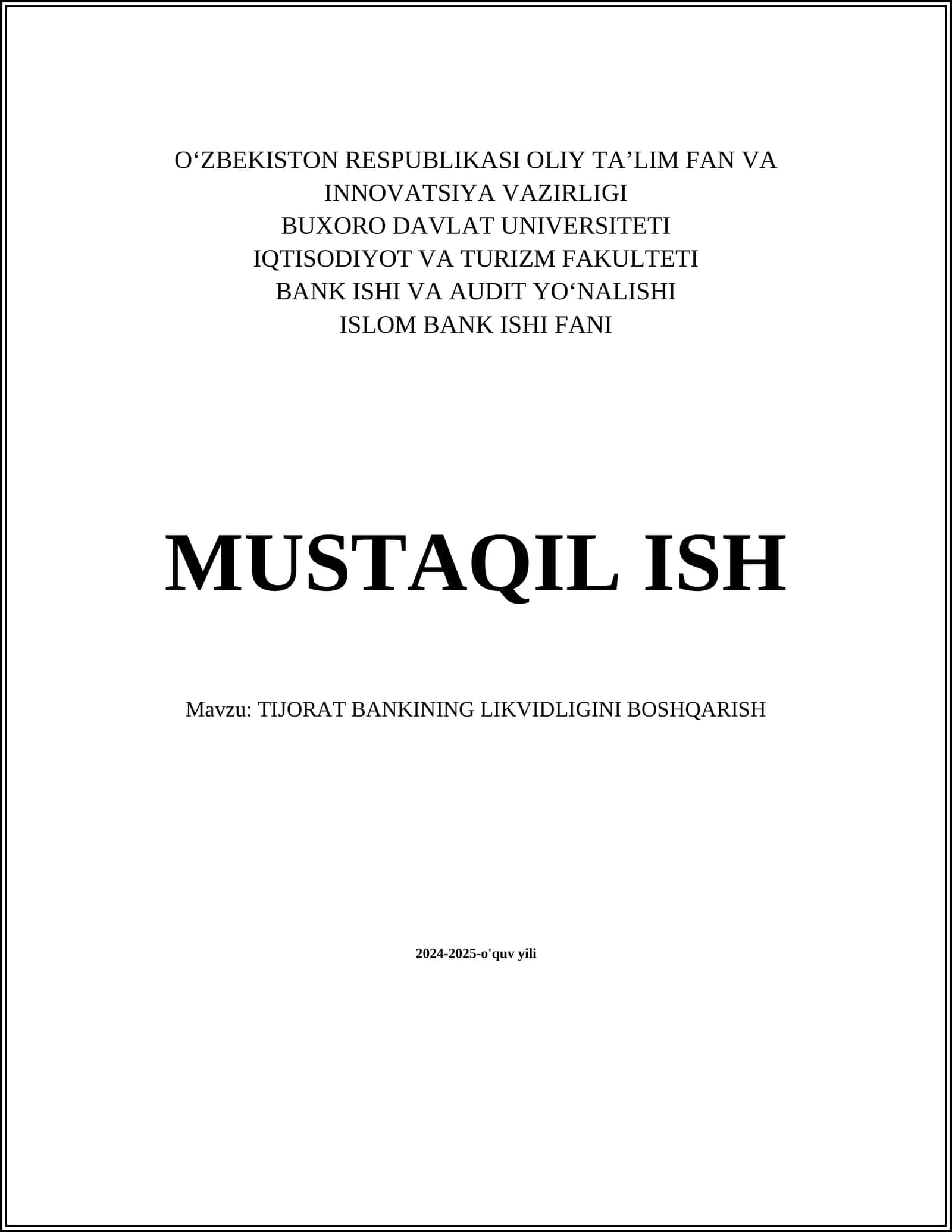 TIJORAT BANKINING LIKVIDLIGINI BOSHQARISH