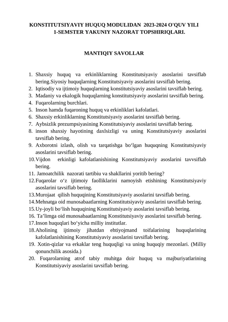 KONSTITUTSIYAVIY HUQUQ MODULIDAN 2023-2024 O'QUV YILI 1-SEMSTER YAKUNIY NAZORAT TOPSHIRIQLARI
