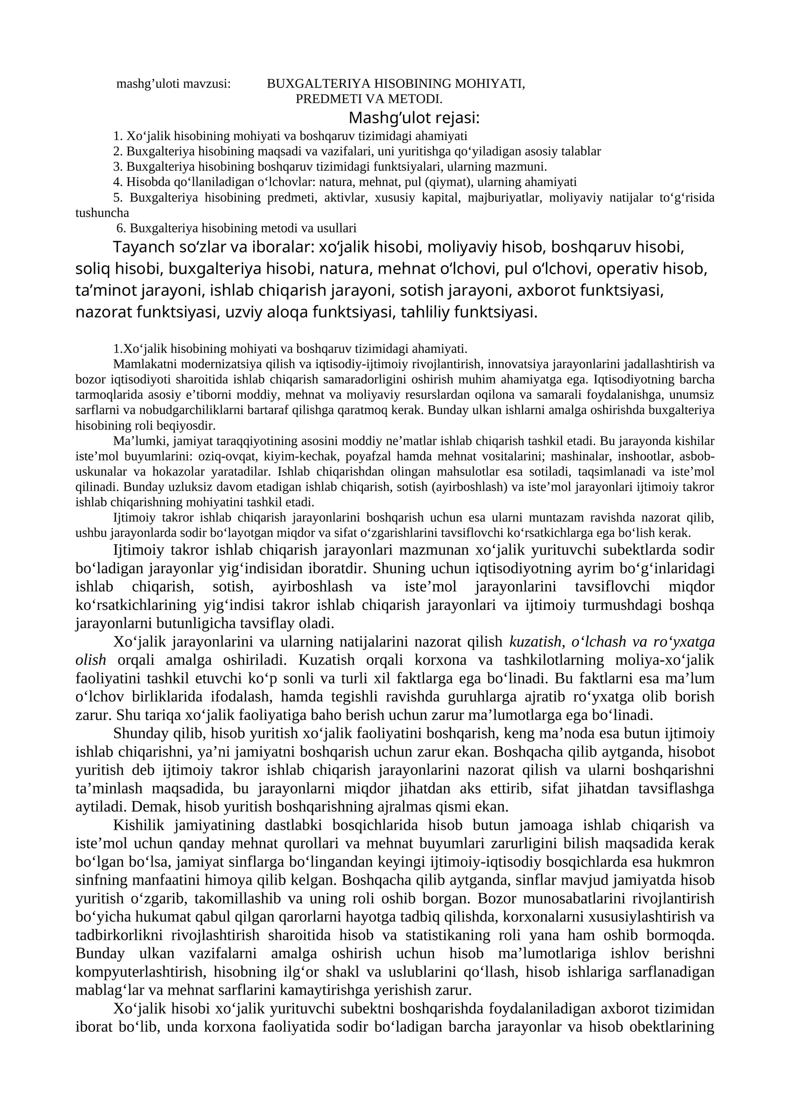 BUXGALTERIYA HISOBINING MOHIYATI