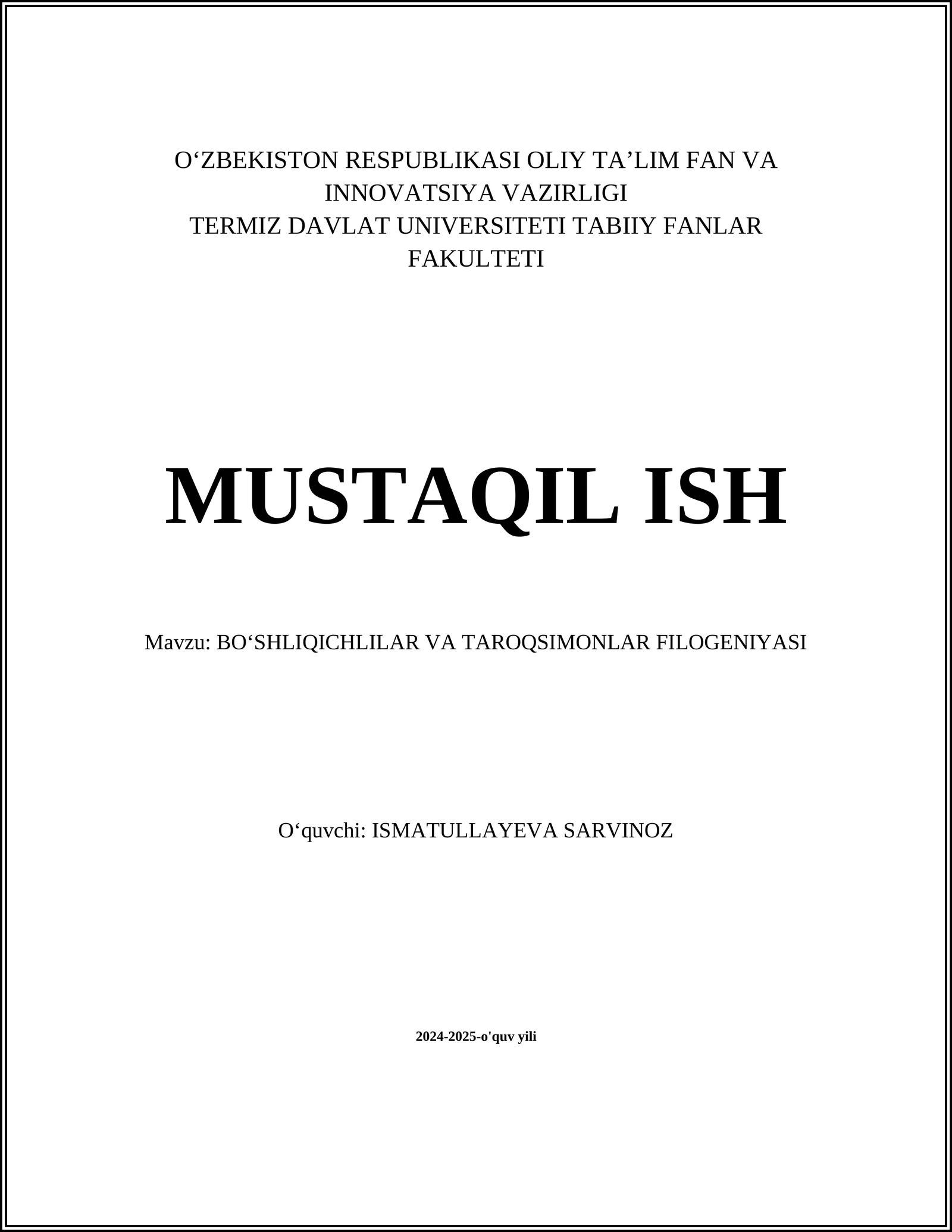 BOʻSHLIQICHLILAR VA TAROQSIMONLAR FILOGENIYASI