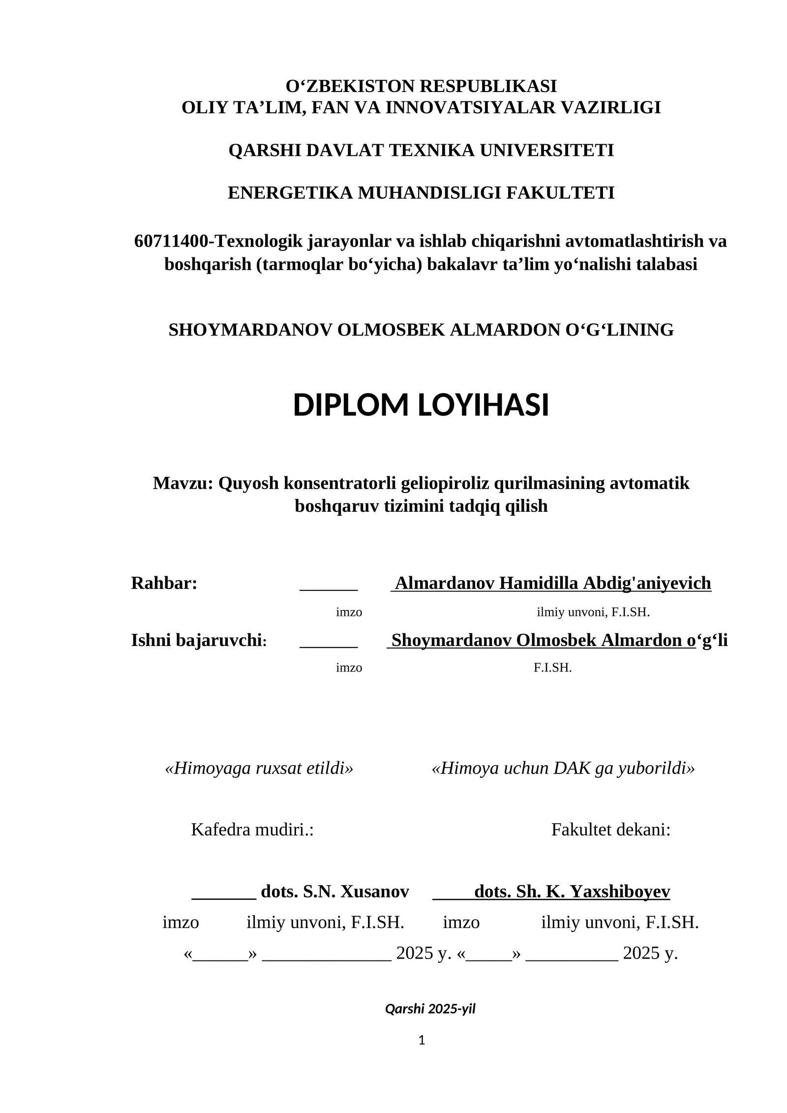 Quyosh konsentratorli geliopiroliz qurilmasining avtomatik boshqaruv tizimini tadqiq qilish