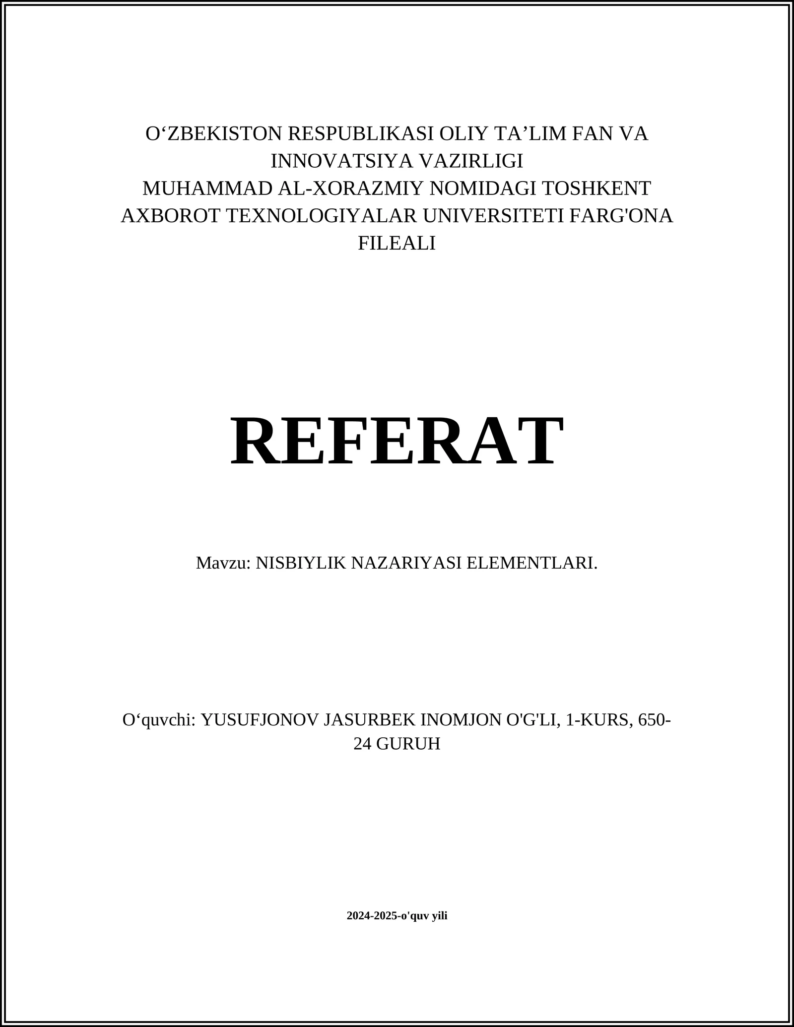 NISBIYLIK NAZARIYASI ELEMENTLARI