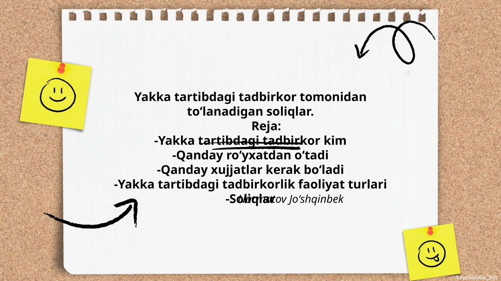 Yakka tartibdagi tadbirkor tomonidan toʻlanadigan soliqlar