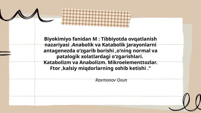 Biyokimiyo fanidan M: Tibbiyotda ovqatlanish nazariyasi