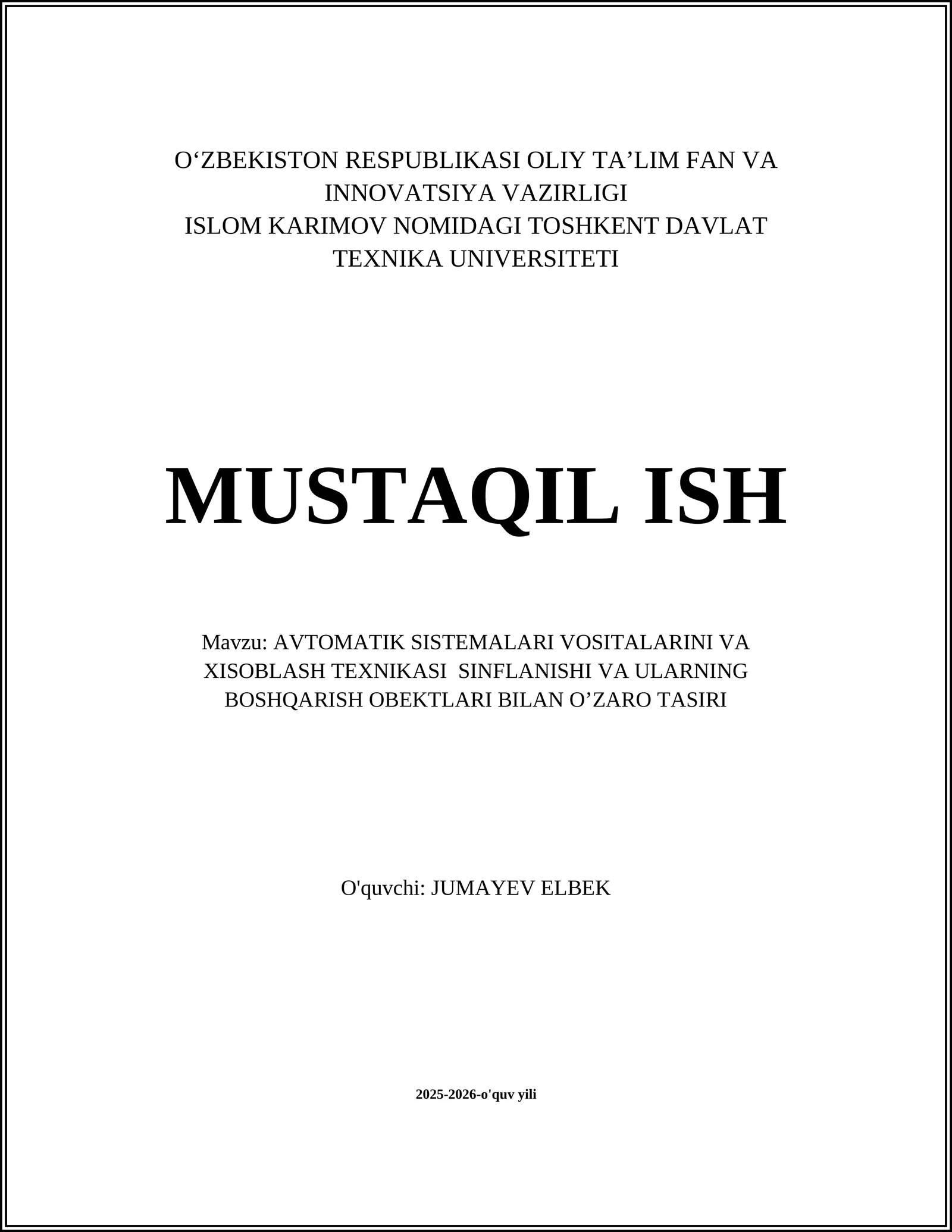 AVTOMATIK SISTEMALARI VOSITALARINI VA XISOBLASH TEXNIKASI SINFLANISHI