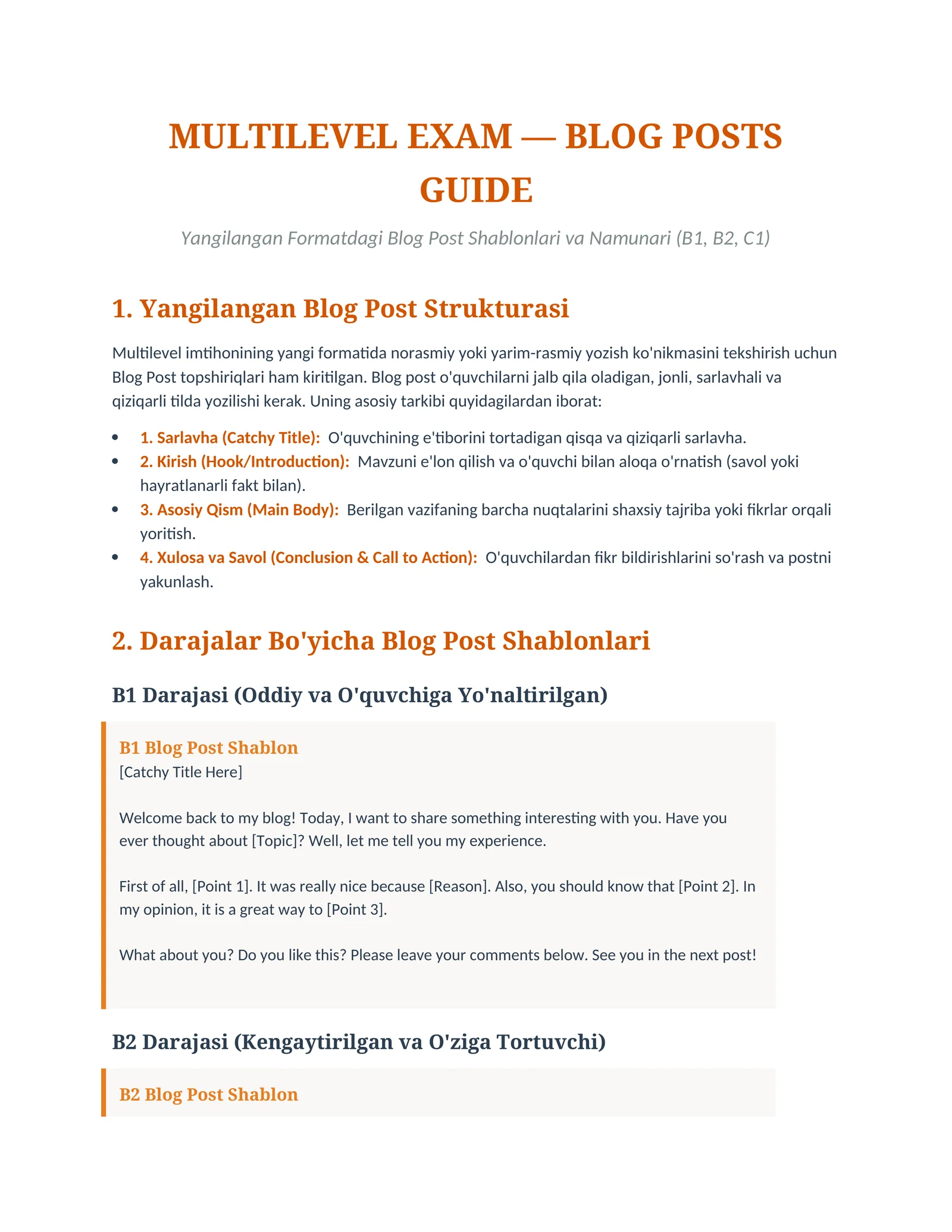 Yangilangan Formatdagi Blog Post Shablonlari va Namunari (B1, B2, C1)