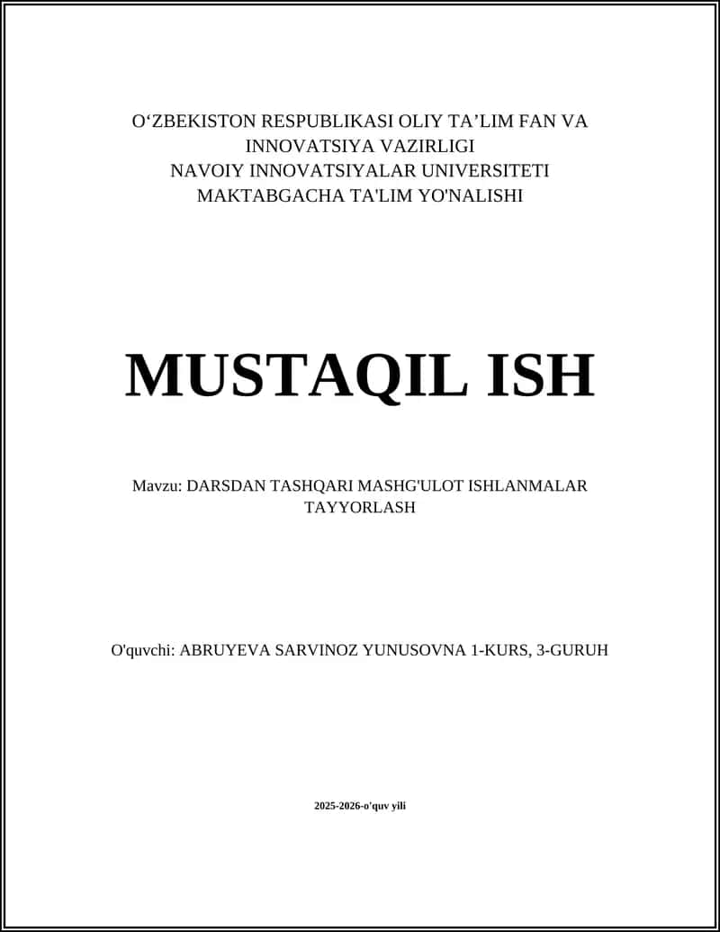 Darsdan tashqari mashg'ulot ishlanmalar tayyorlash