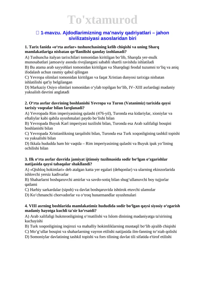 7 O'zbekiston tarix 2024 mavzulashtirilgan testlar