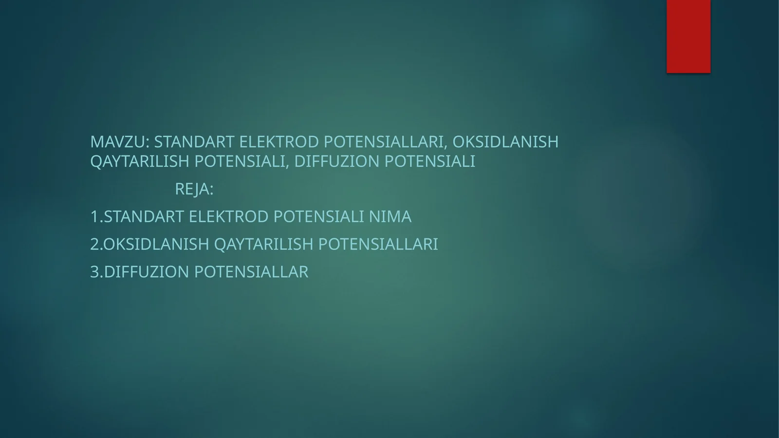 STANDART ELEKTROD POTENSIALLARI, Oksidlanish qaytarilish potensiali, diffuzion potensiali