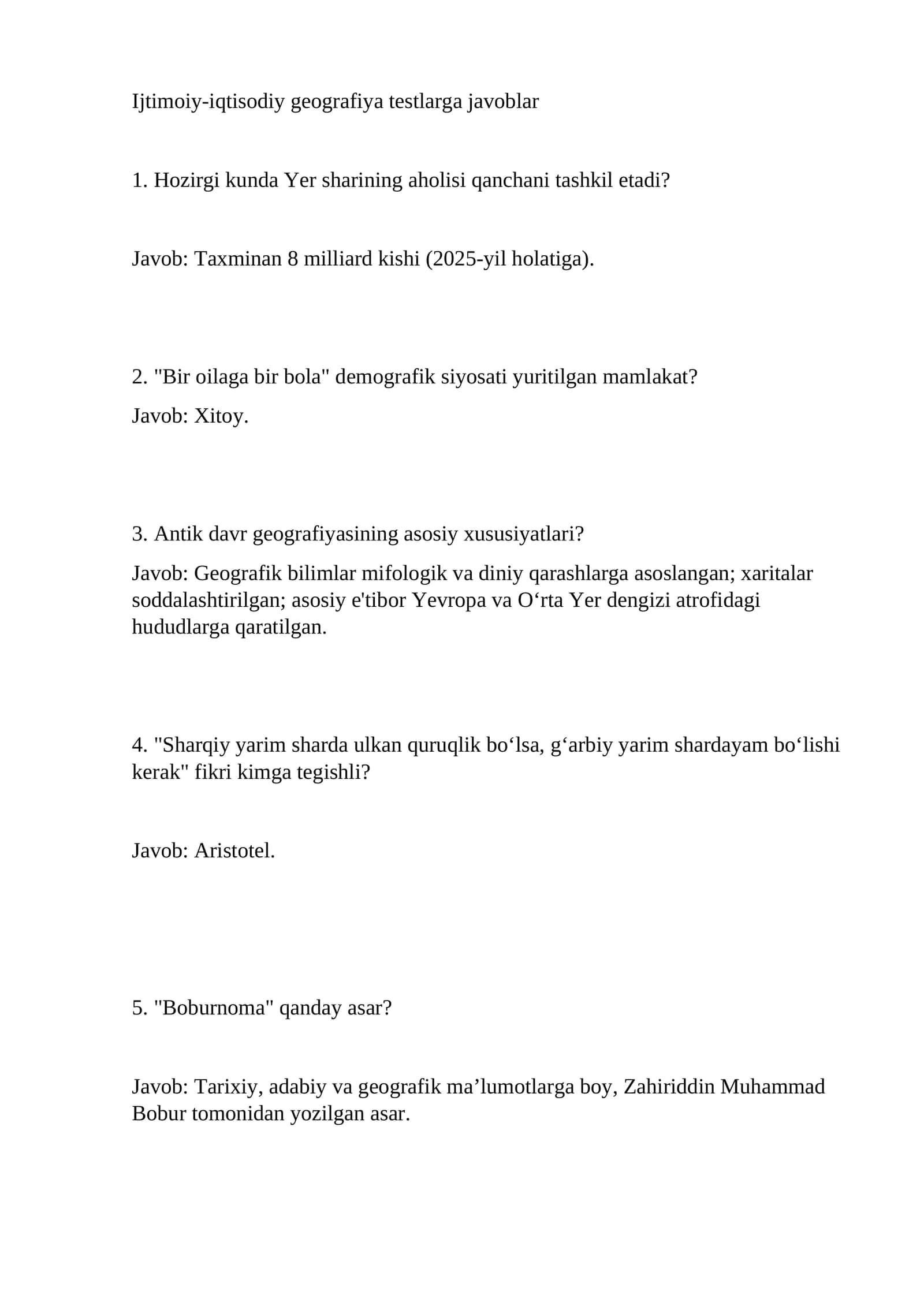Ijtimoiy-iqtisodiy geografiya testlarga javoblar