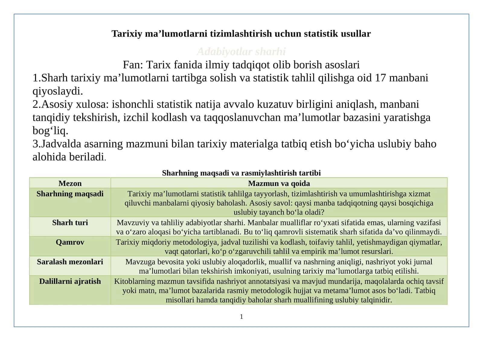Tarixiy ma’lumotlarni tizimlashtirish uchun statistik usullar mavzusiga oid adabiyotlar sharhini.docx