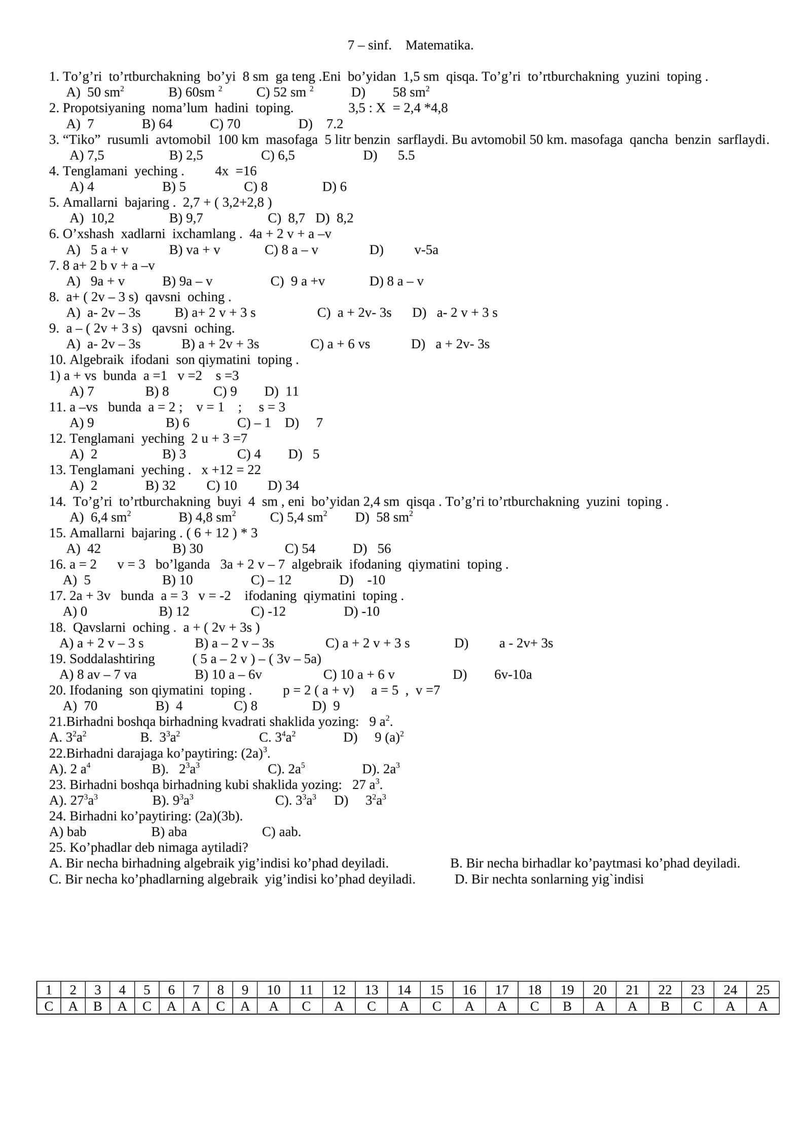 Matematika sinf dars ishlanmalar