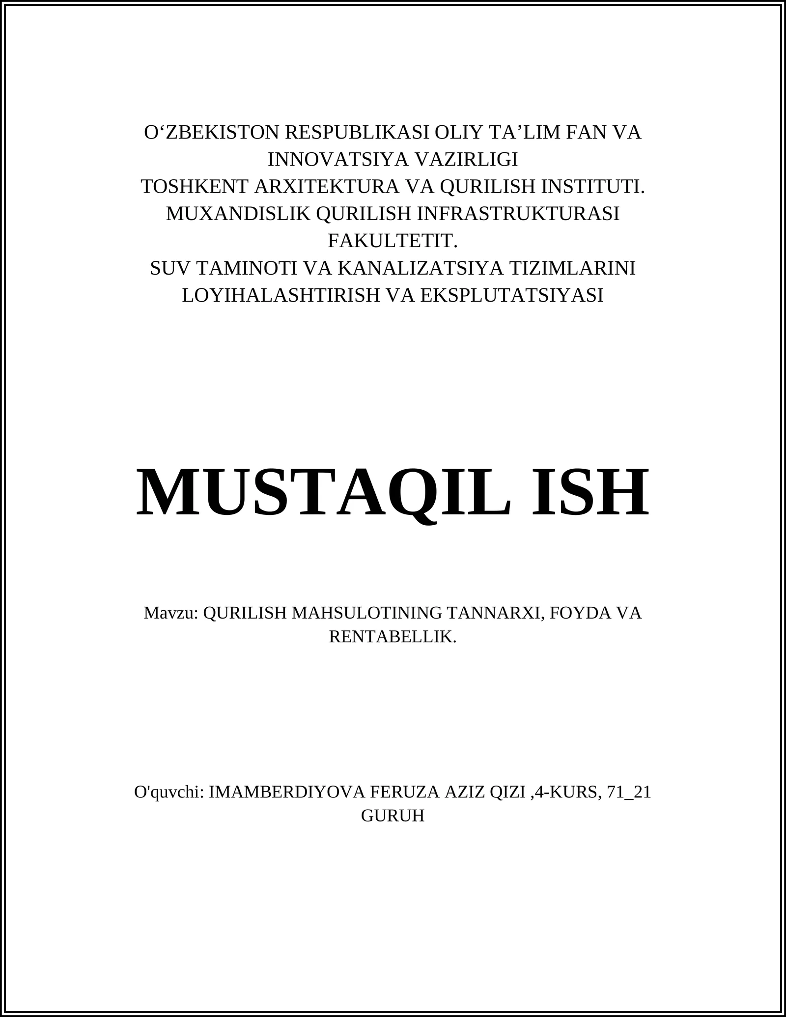 QURILISH MAHSULOTINING TANNARXI, FOYDA VA RENTABELLIK