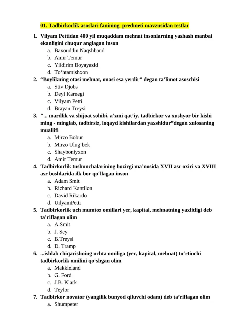 Tadbirkorlik asoslari fanining predmeti mavzusidan testlar