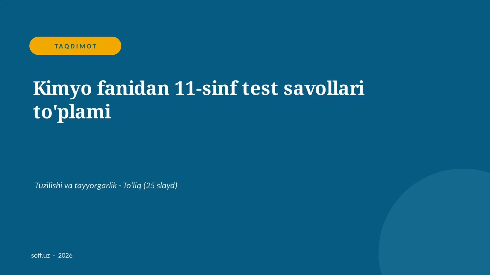 Kimyo fanidan 11-sinf test savollari to'plami
