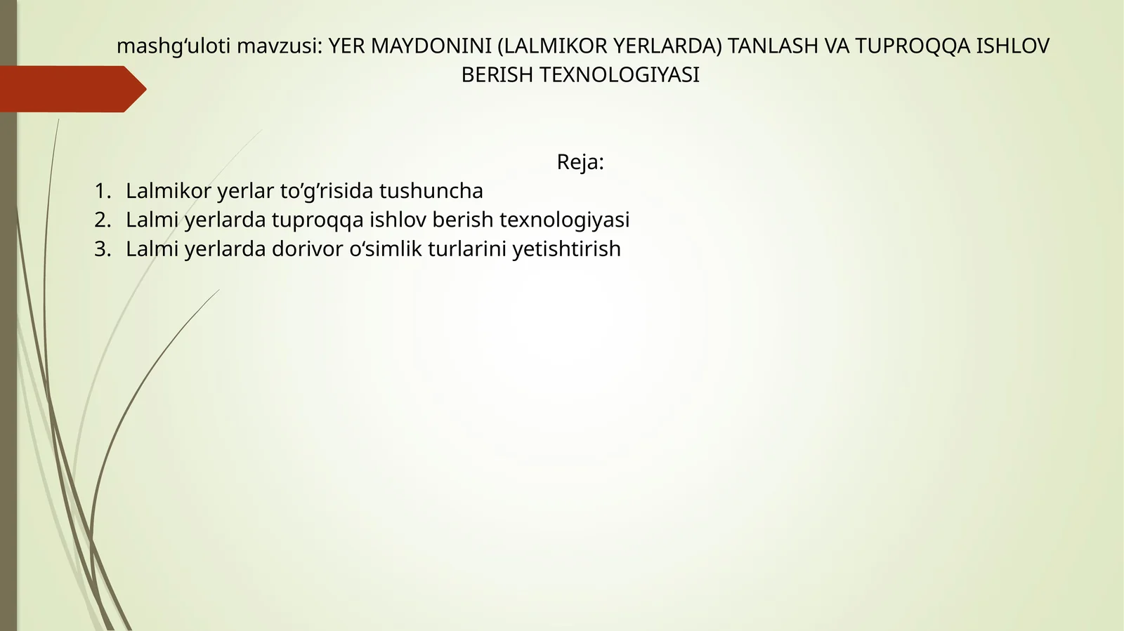 YER MAYDONINI (LALMIKOR YERLARDA) TANLASH VA TUPROQQA ISHLOV BERISH TEXNOLOGIYASI