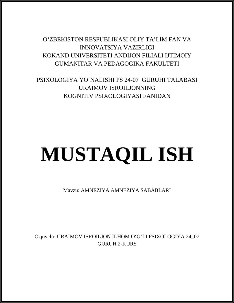 Koginitiv Psixologiyasi Fanidna Mustaqil ish