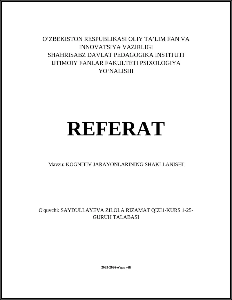 KOGNITIV JARAYONLARINING SHAKLLANISHI
