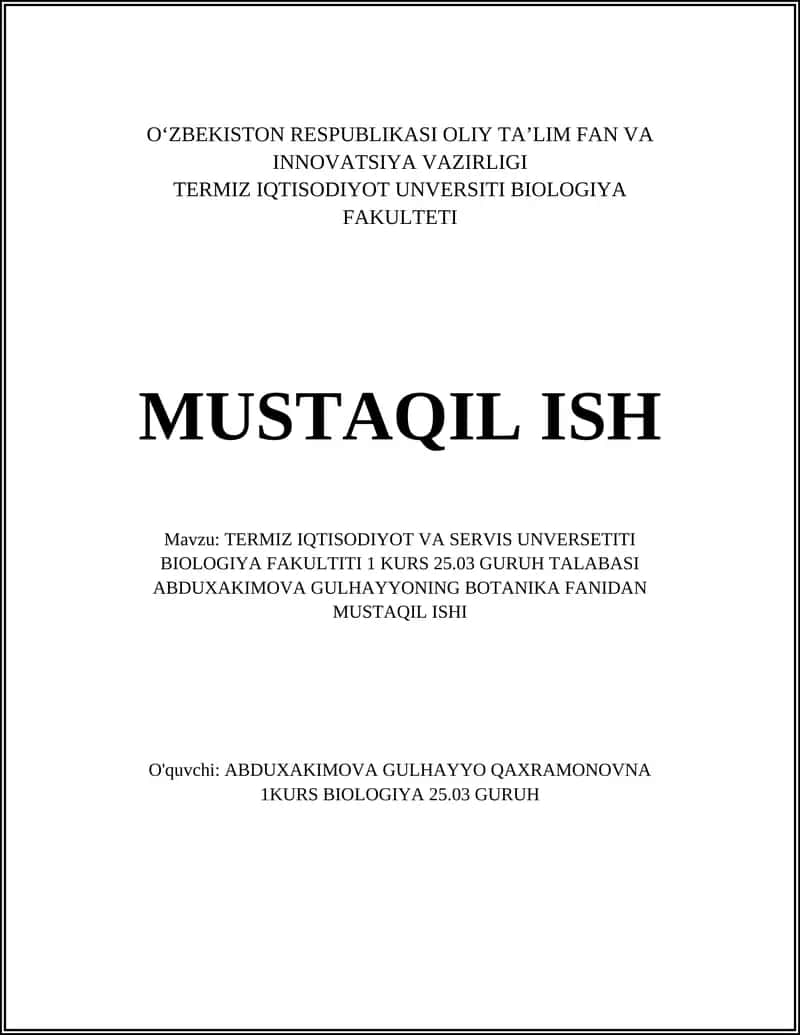 Termiz Iqtisodiyot Universiteti Biologiya Fakulteti Mustaqil Ish