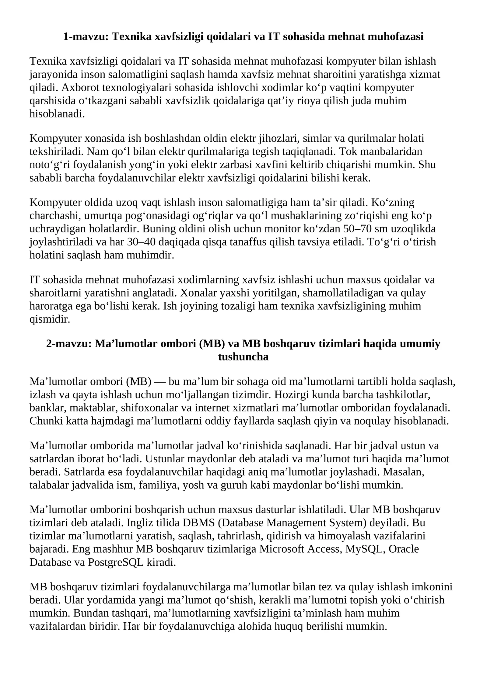 Texnika xavfsizligi qoidalari va IT sohasida mehnat muhofazasi