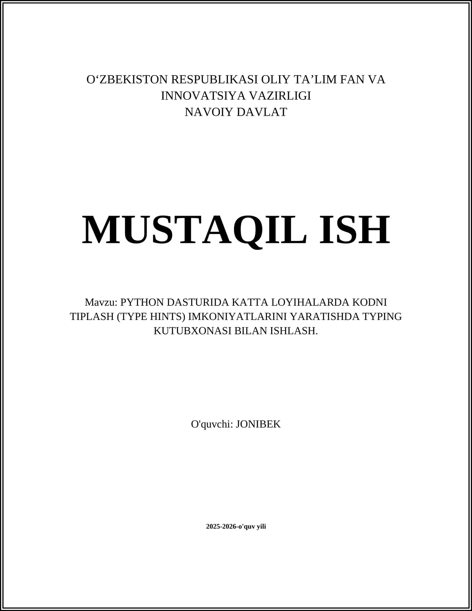 PYTHON DASTURIDA KATTA LOYIHALARDA KODNI TIPLASH (TYPE HINTS) IMKONIYATLARINI YARATISHDA TYPING KUTUBXONASI BILAN ISHLASH