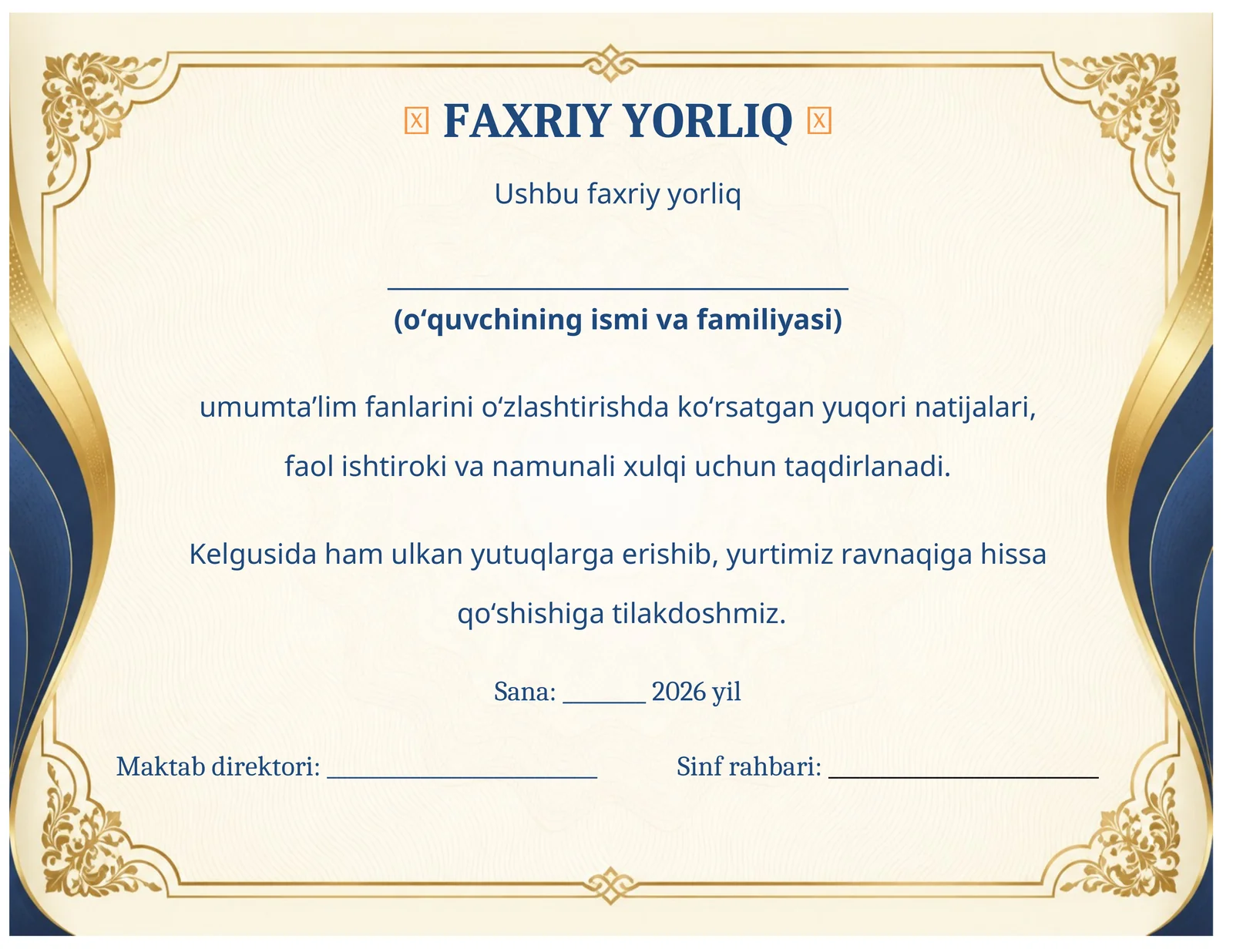 Faxriy yorliq maktab o'quvchilari uchun