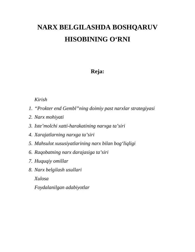 Narx belgilashda boshqaruv hisobi