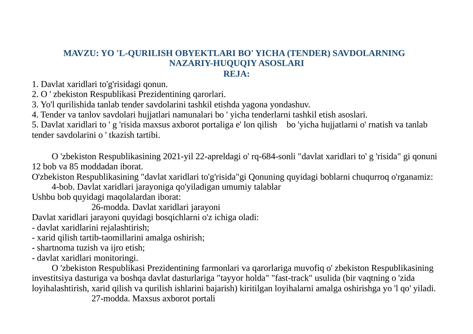 YO'L-QURILISH OB'EKTLARI BO'YICHA (TENDER) SAVDOLARNING NAZARIY-HUQUQIY ASOSLARI