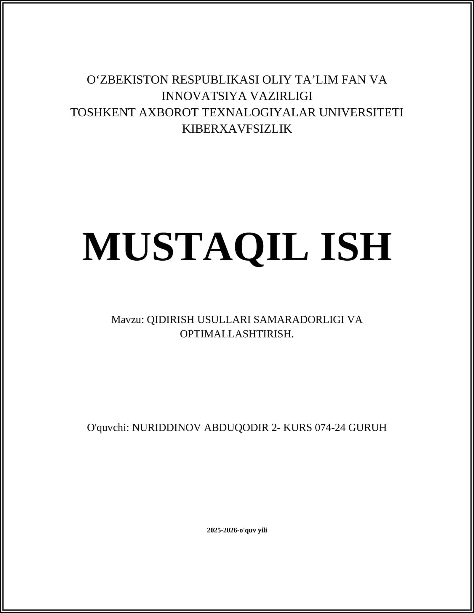 QIDIRISH USULLARI SAMARADORLIGI VA OPTIMALLASHTIRISH
