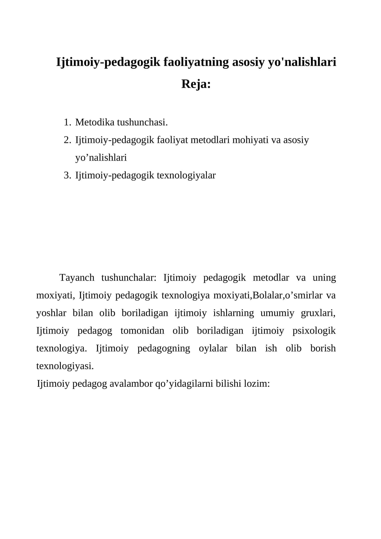 Ijtimoiy-pedagogik faoliyatning asosiy yo'nalishlari