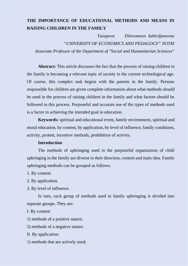 THE IMPORTANCE OF EDUCATIONAL METHODS AND MEANS IN RAISING CHILDREN IN THE FAMILY
