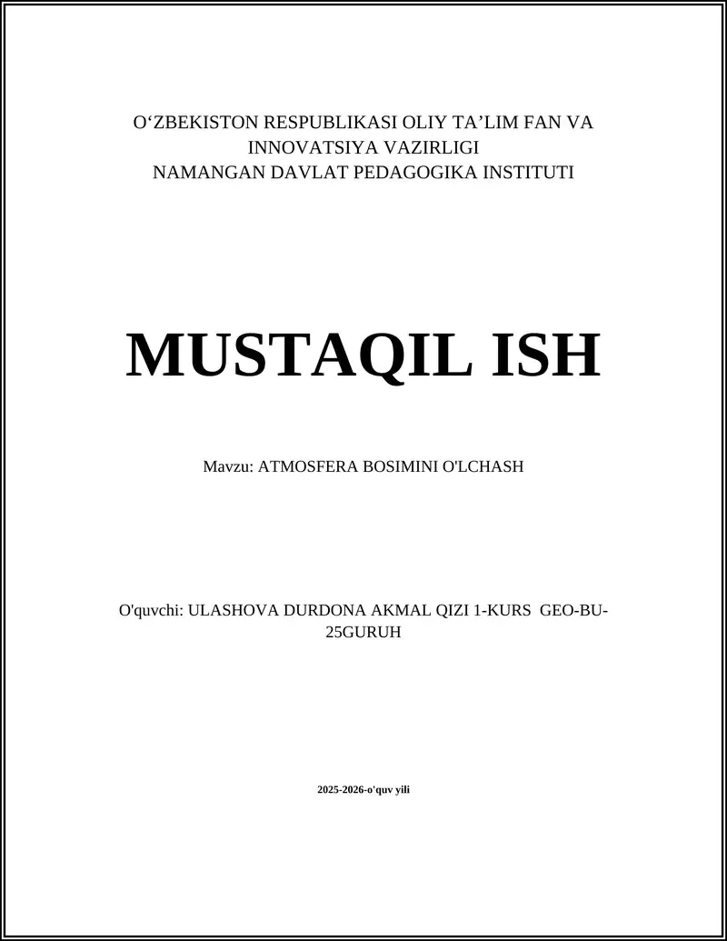 ATMOSFERA BOSIMINI O'LCHASH