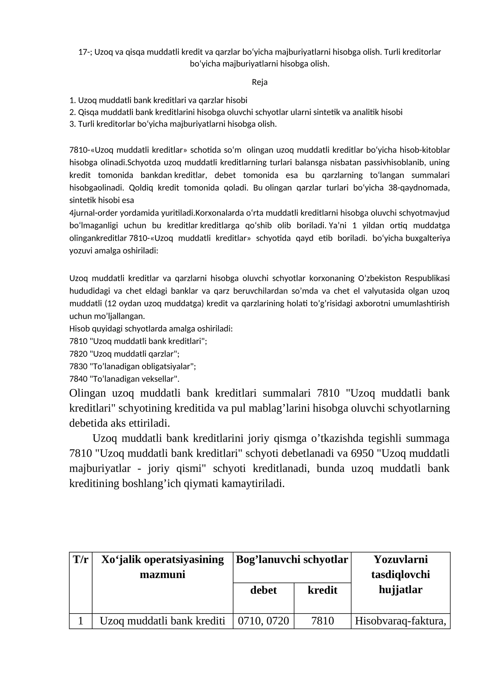 Uzoq va qisqa muddatli kredit va qarzlar bo‘yicha majburiyatlarni hisobga olish. Turli kreditorlar bo‘yicha majburiyatlarni hisobga olish