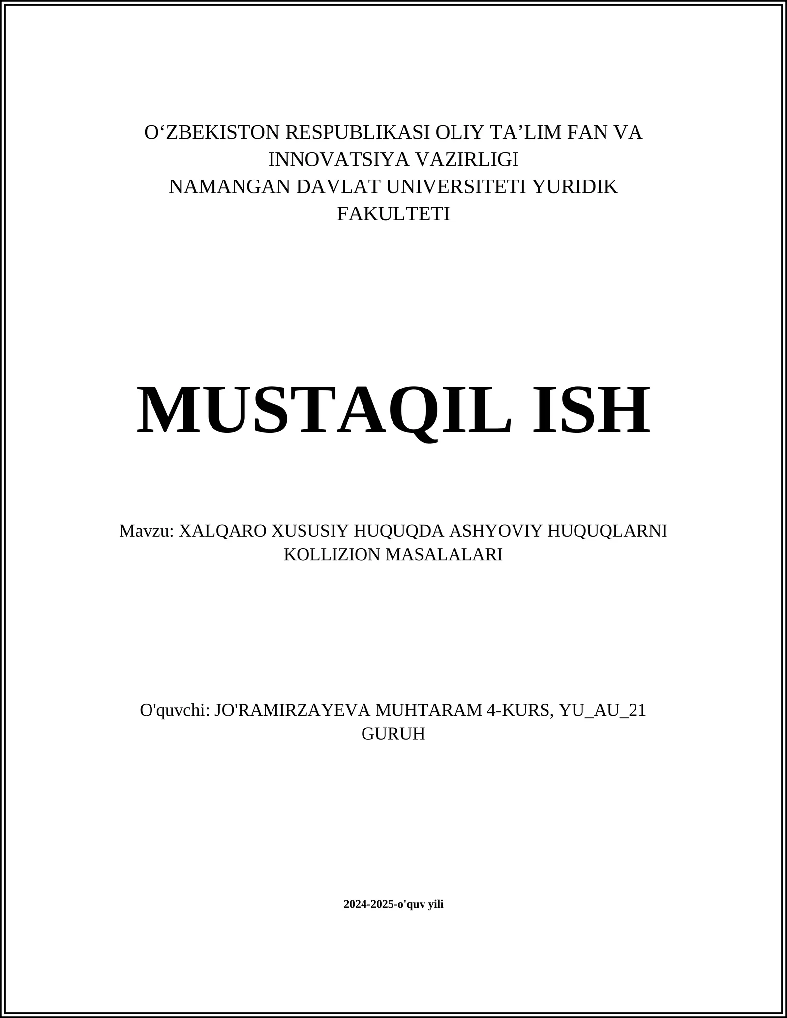 Xalqaro Xususiy Huquqda Ashyoviy Huquqlarni Kollizion Masalalari