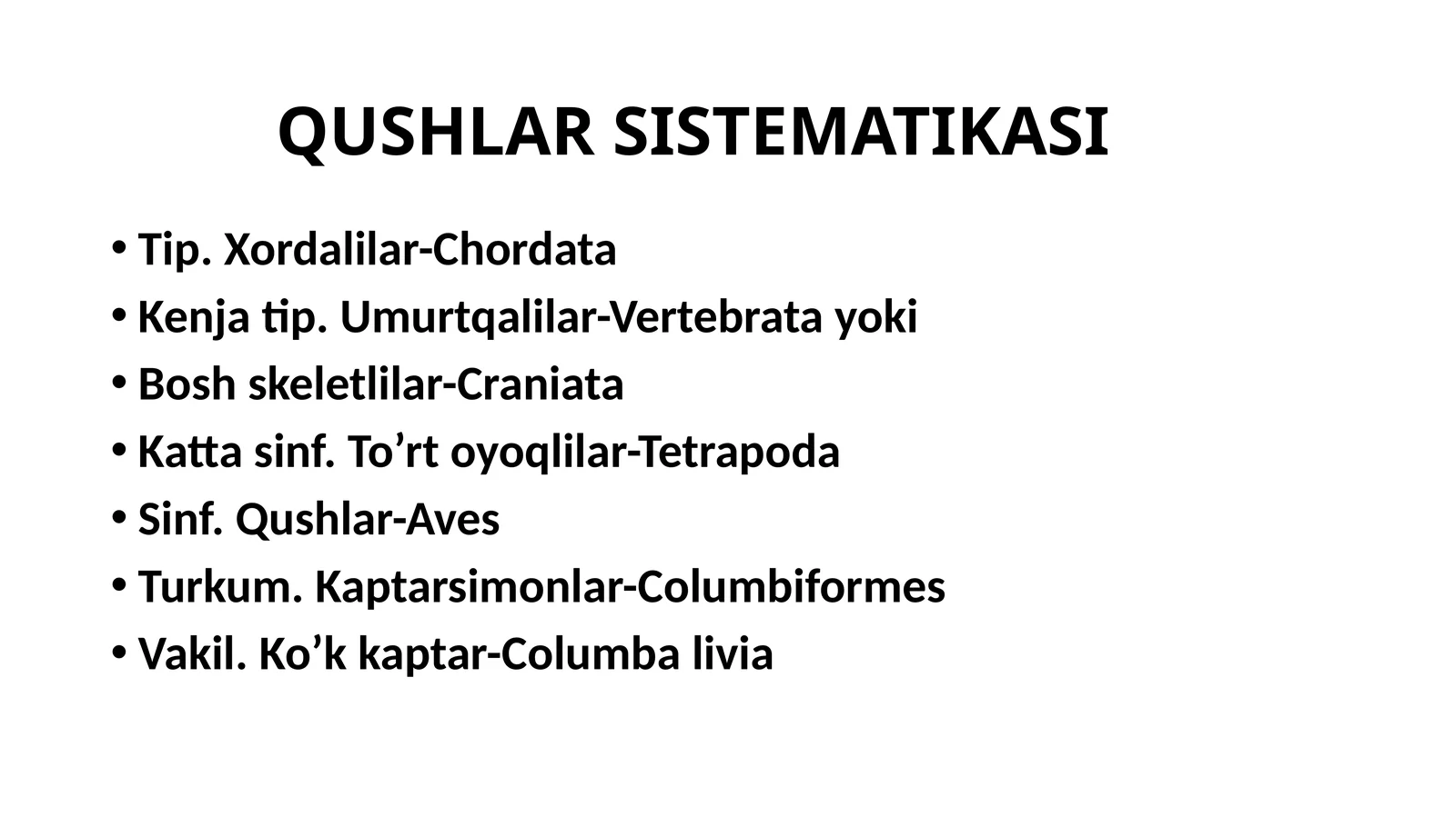 QUSHLAR SISTEMATIKASI