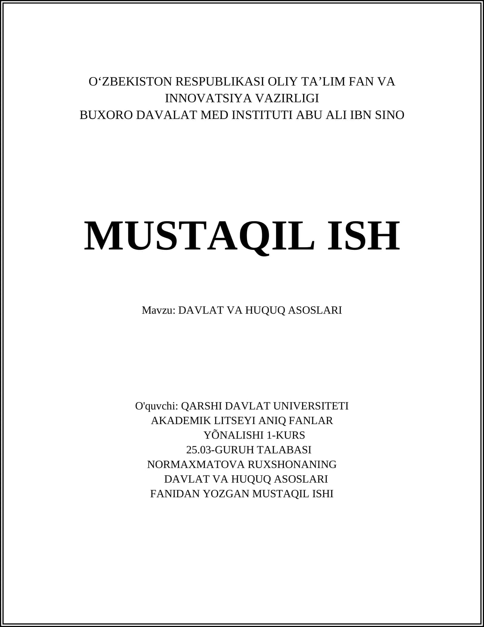Davlat va huquq tushunchasi hamda predmetlari