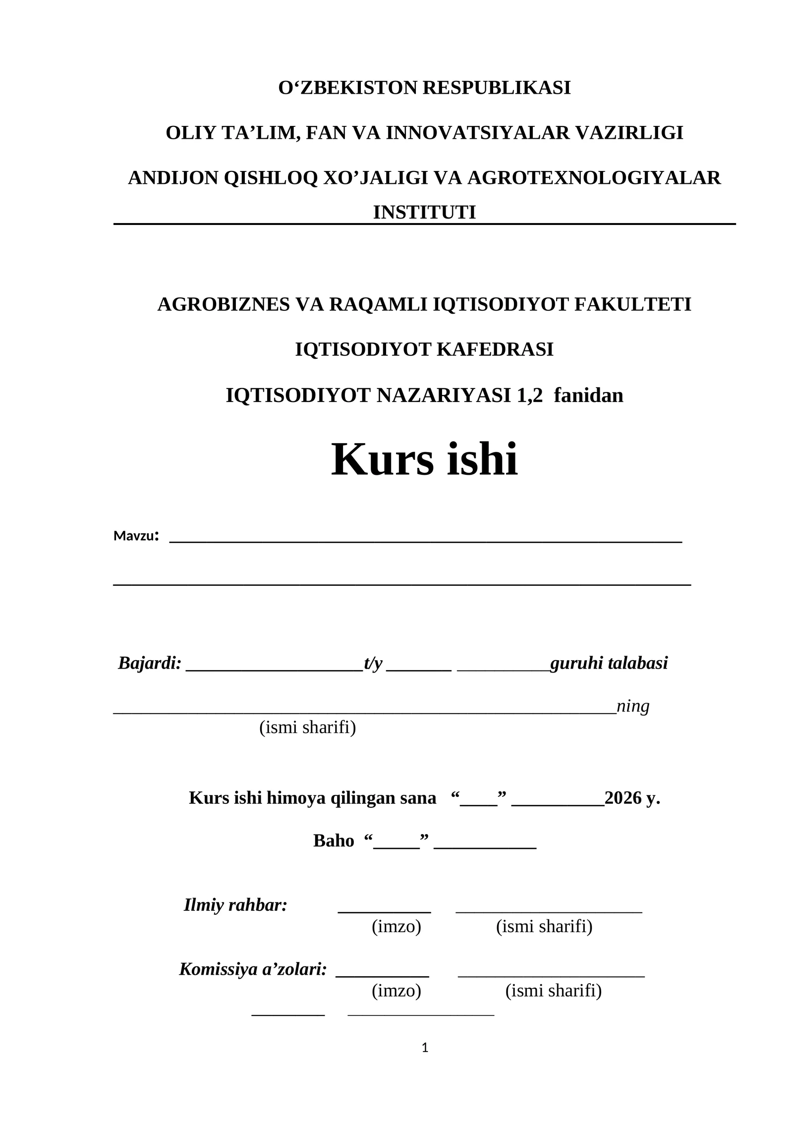 IQTISODIYOT NAZARIYASI 1,2 fanidan Kurs ishi