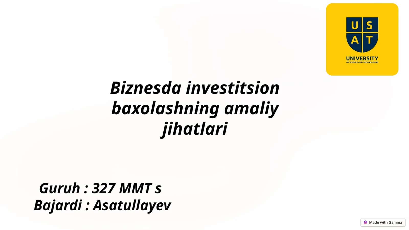 Biznesda Investitsion Baxolashningamaliyjihatlari