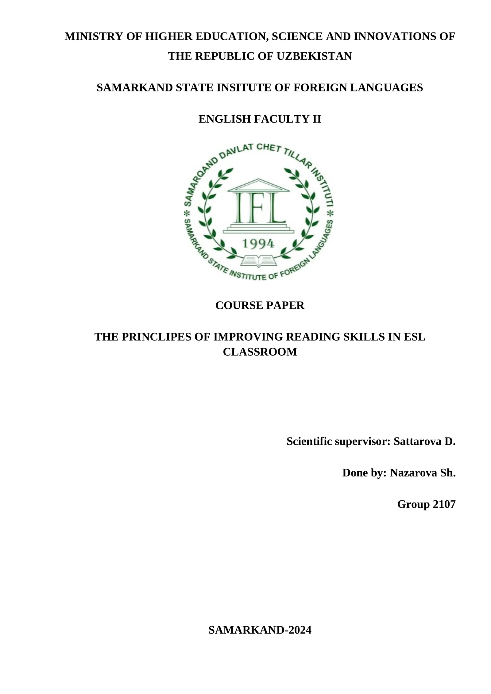 THE PRINCLIPES OF IMPROVING READING SKILLS IN ESL CLASSROOM