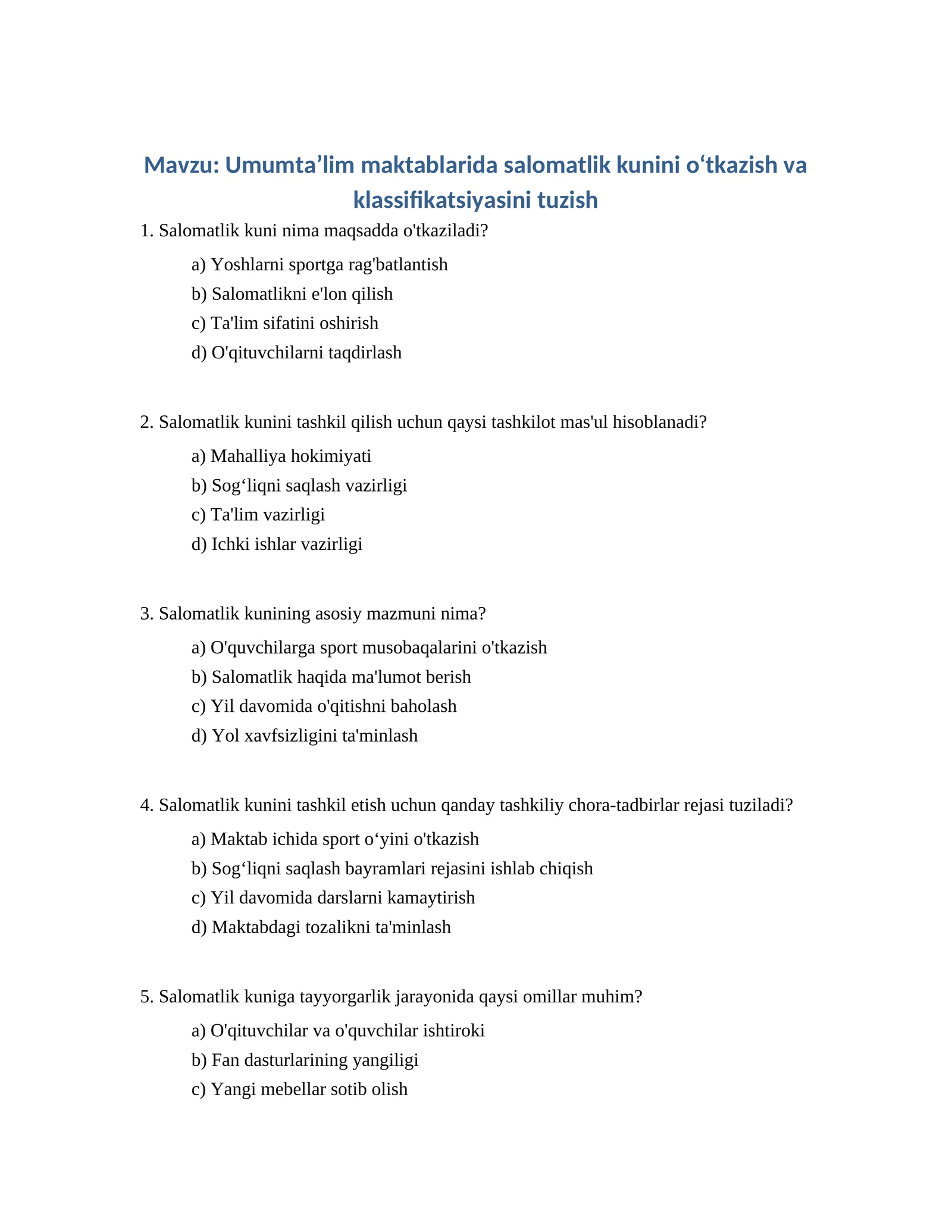 Salomatlik kunini tashkil etish uchun tadbirlar rejasi